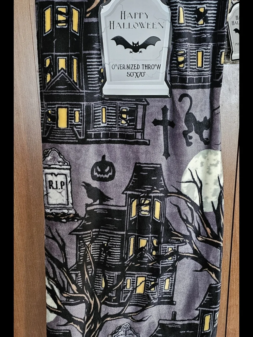 Happy Halloween Throw - Gray & Yellow Haunted House